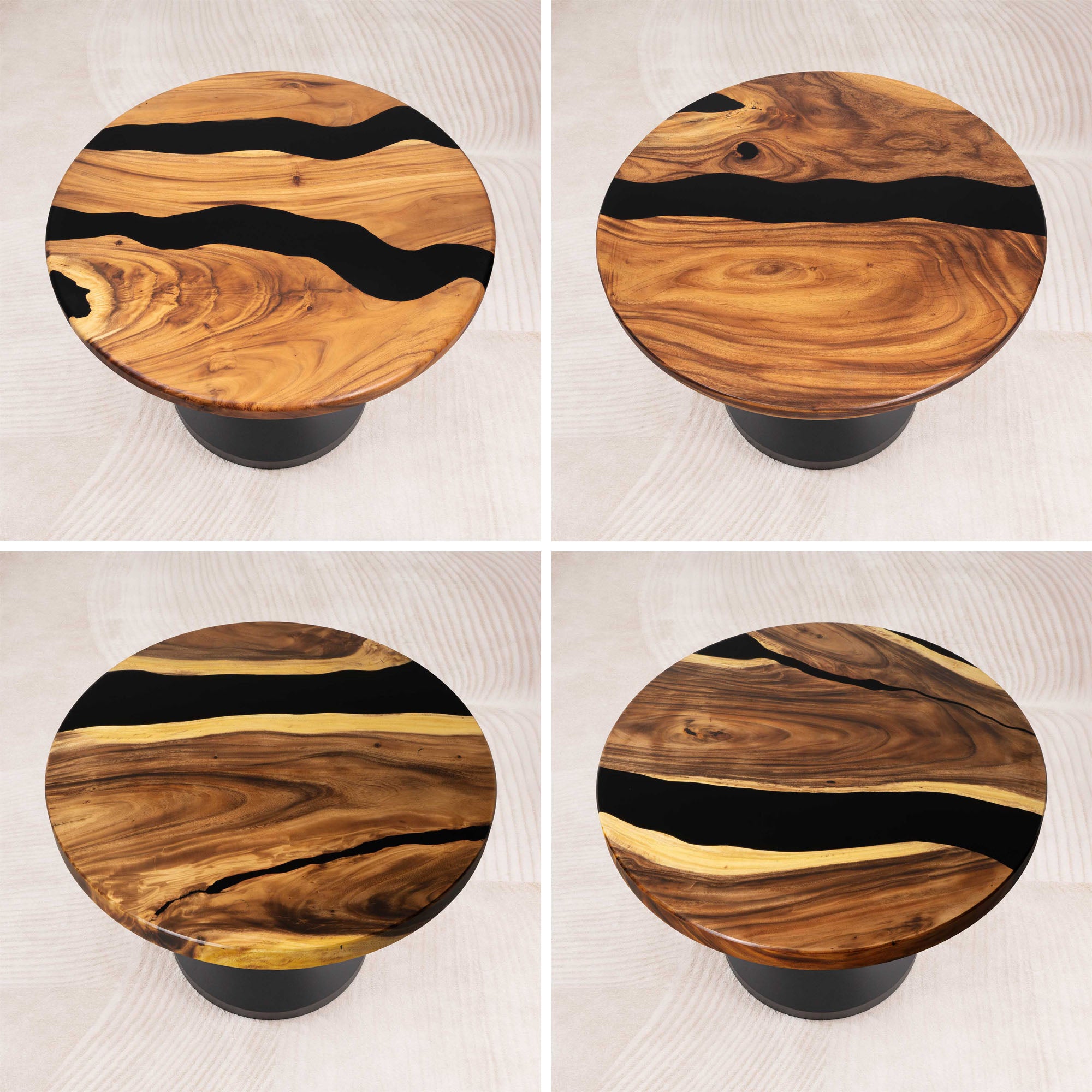 Four views of a wooden stool with black resin