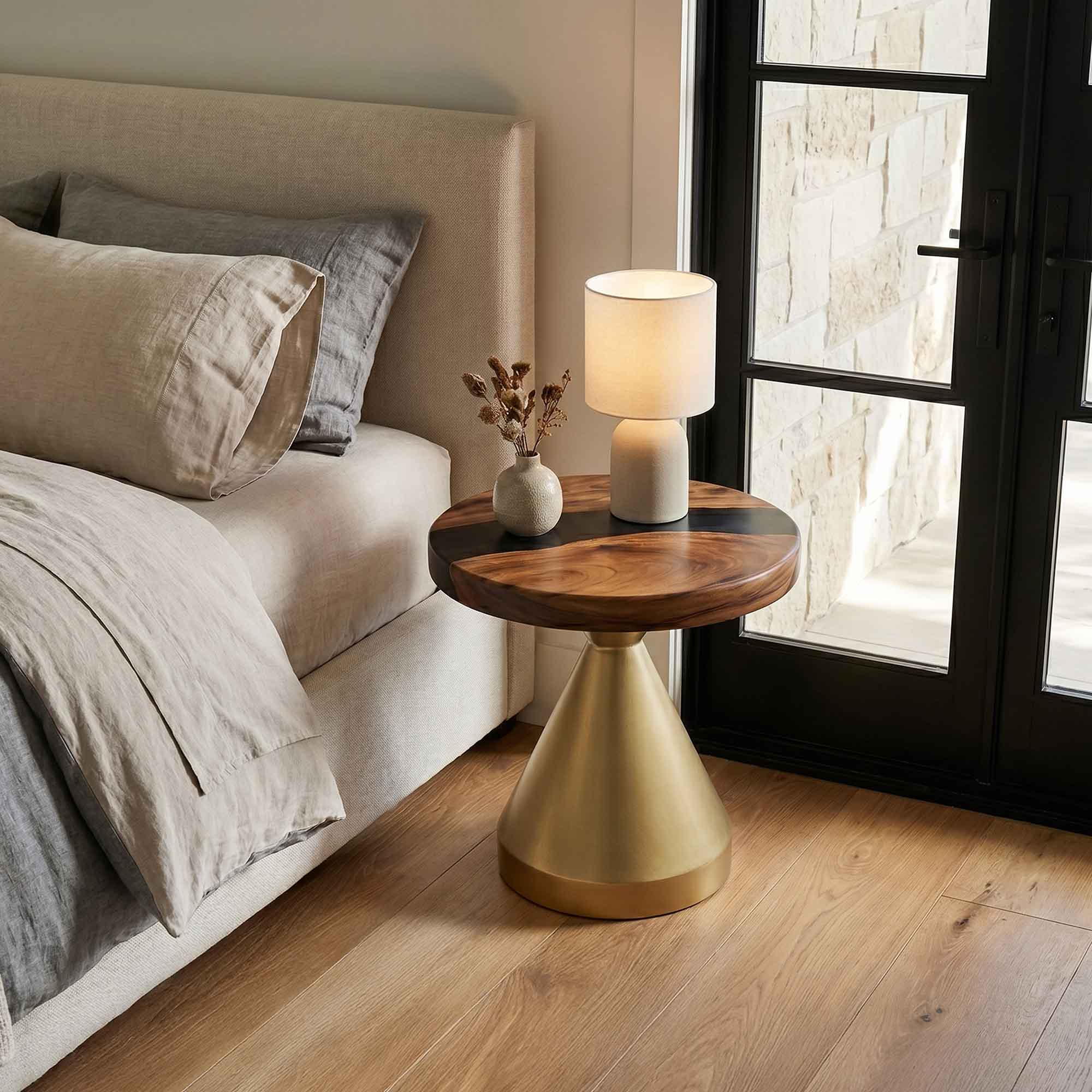 Coffee with Flux Gold 16" H Metal Table Base - brass 12" D x 16" H / Round Epoxy 19" Diameter - TB-16H12D-BRXEP-SRU19