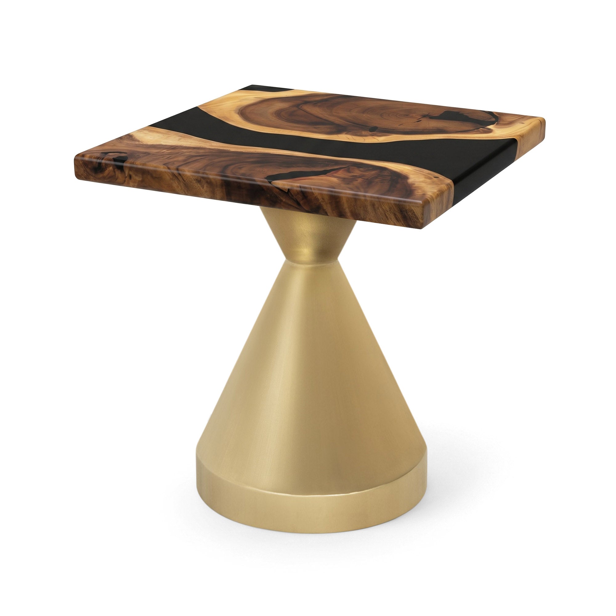 Coffee with Flux Gold 16" H Metal Table Base - brushed 12" D x 16" H / Square Epoxy 19" Diameter - TB-16H12D-BRXEP-SSQ19