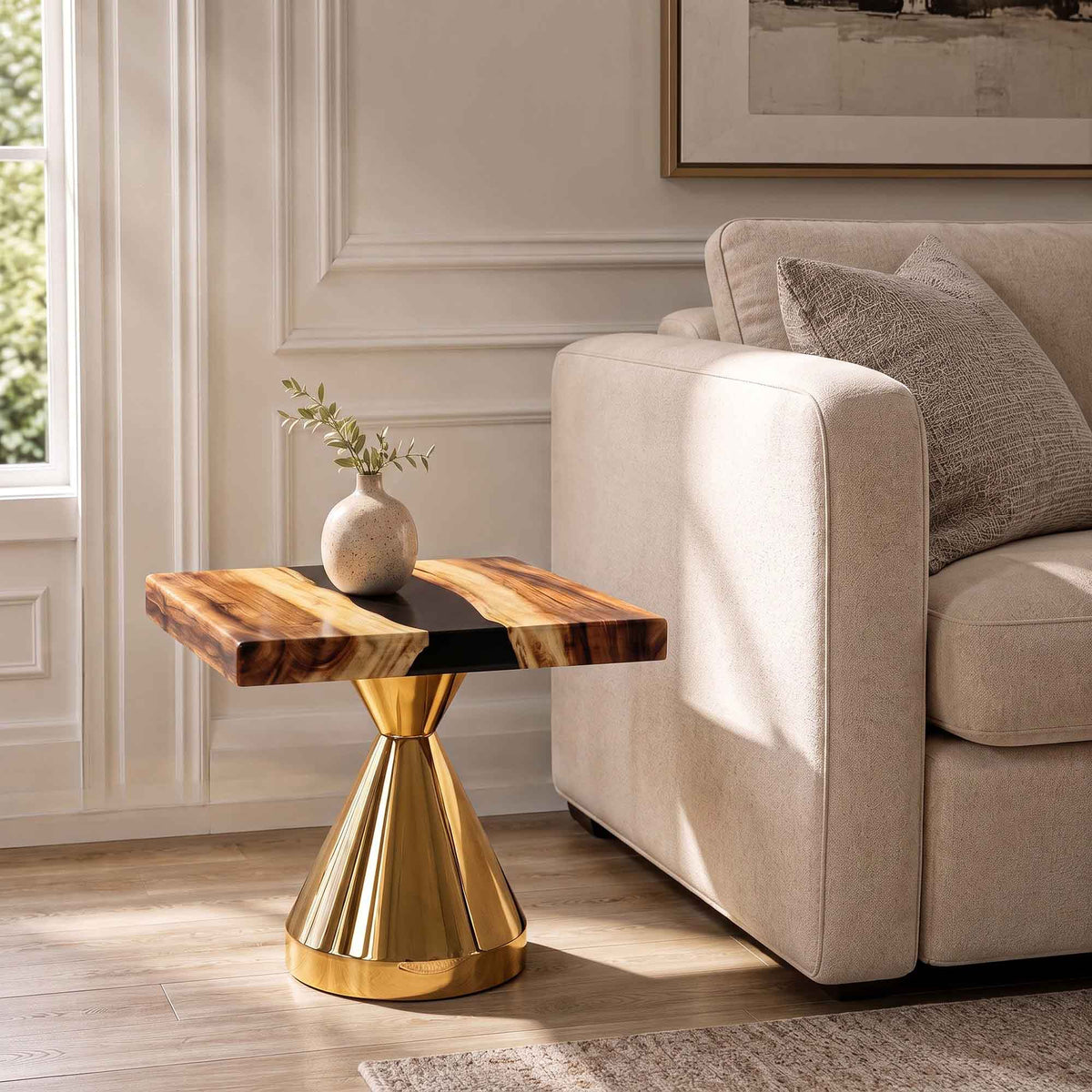 Gold Coffee Table for Small Unique Home Furniture - Flux Base - interior