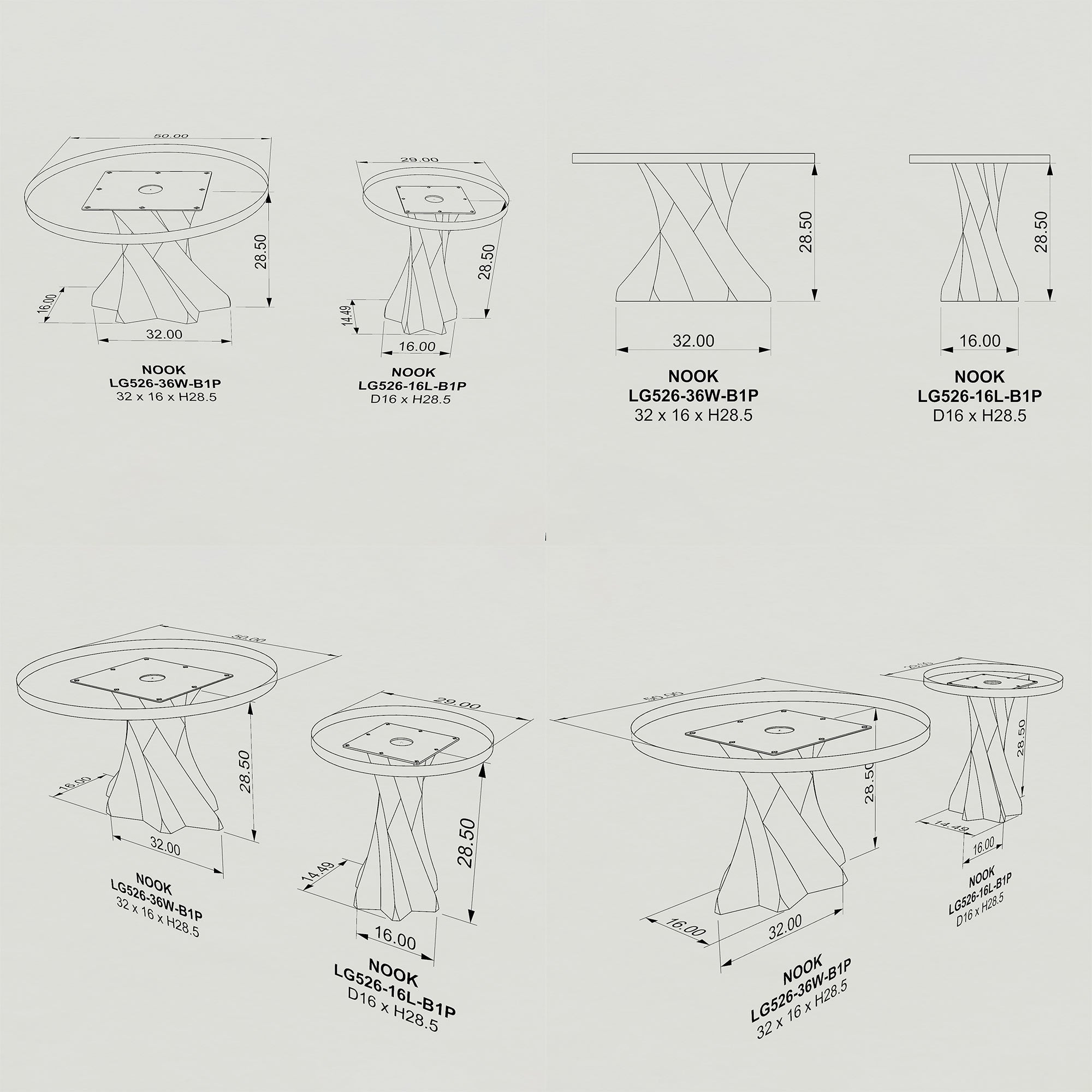 Dining Table with Nook 28.5" H x 16" L Table Base - 3d drawings
