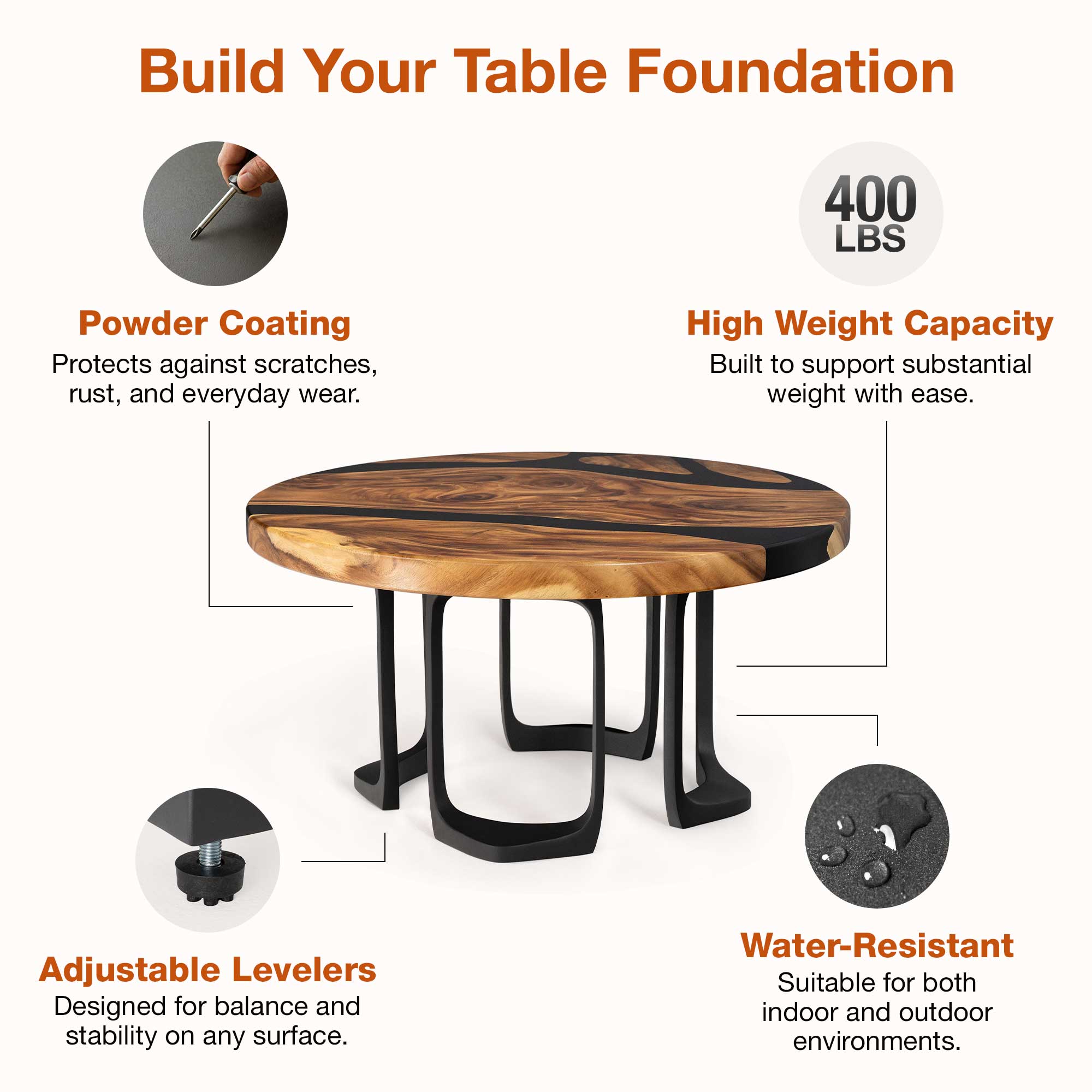 Features of Coffee Table with Framie 16" H Steel Table Base for Natural Wood Top