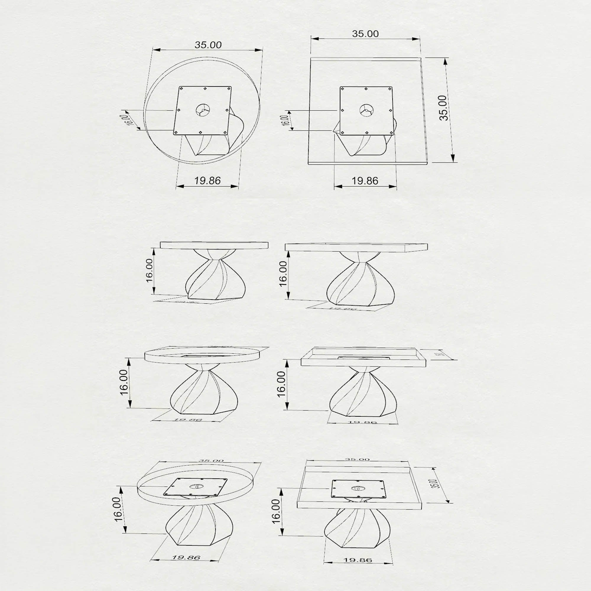 Metal Table Base Papao 16" H for Coffee Wood Table base and top dimension 3d drawings