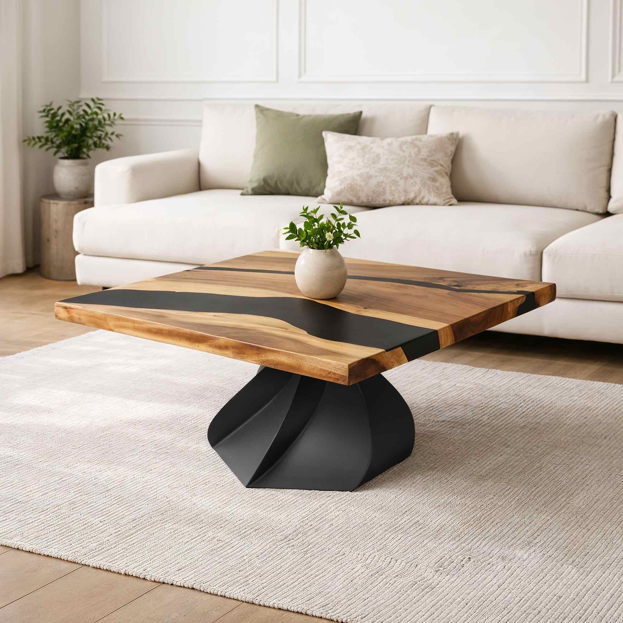 Metal Table Base Papao 16" H for Coffee Wood Table - close-up of square table top Interior