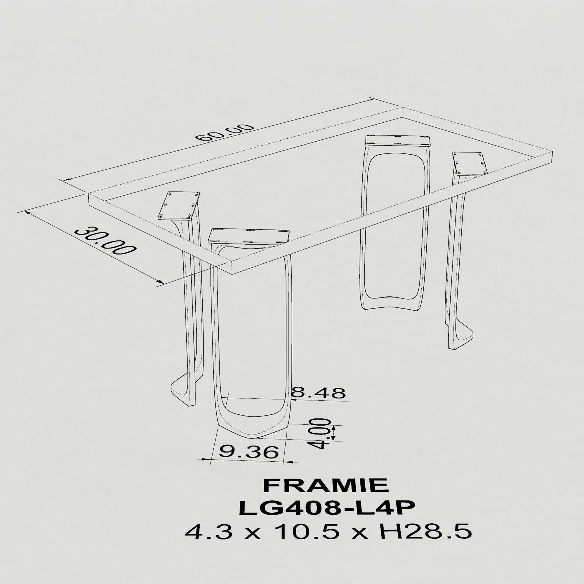 Metal Table Legs Framie 28.5" H for Butcher Block Desk - base and top dimension 3d drawings