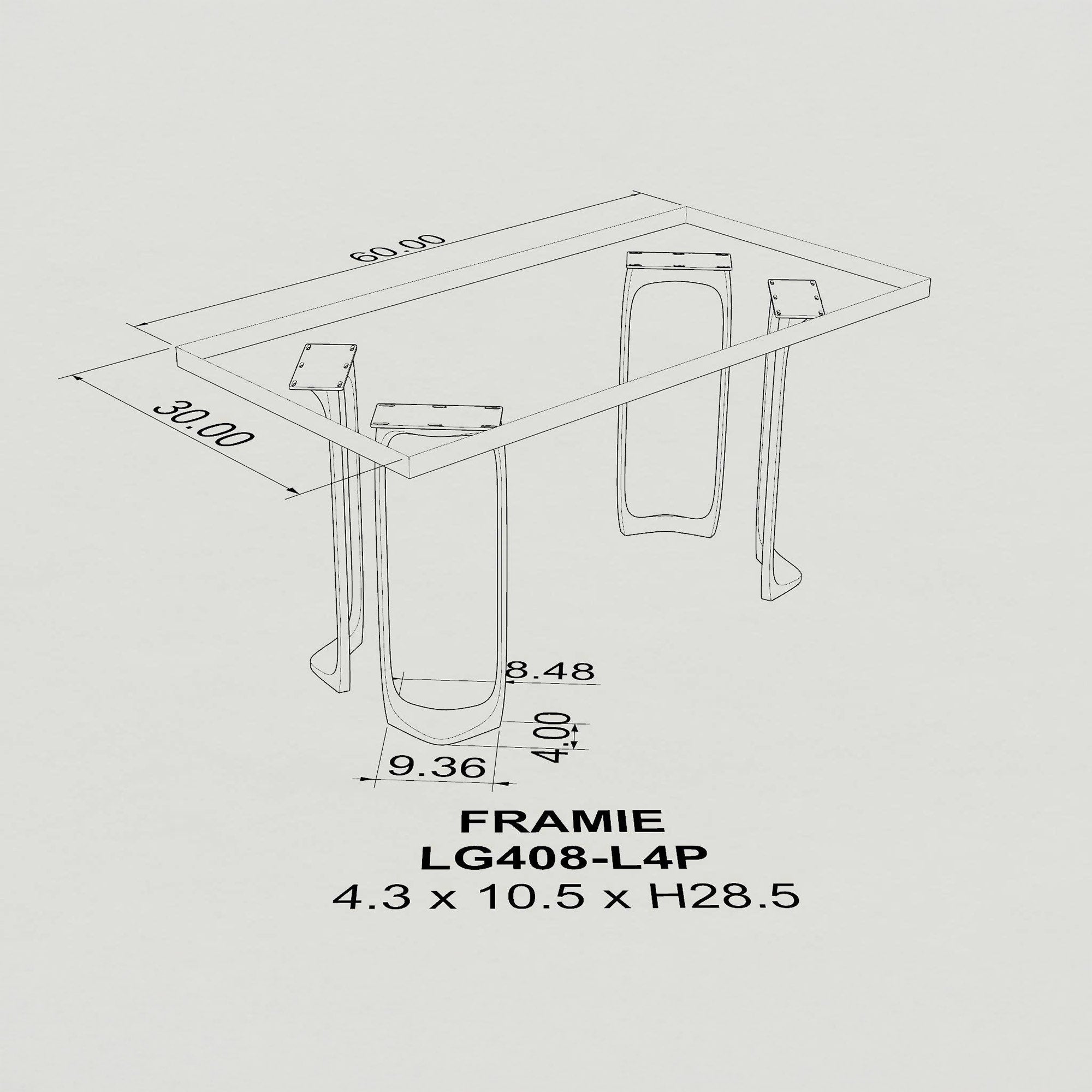 Metal Table Legs Framie 28.5" H for Butcher Block Desk - base and top dimension 3d drawings