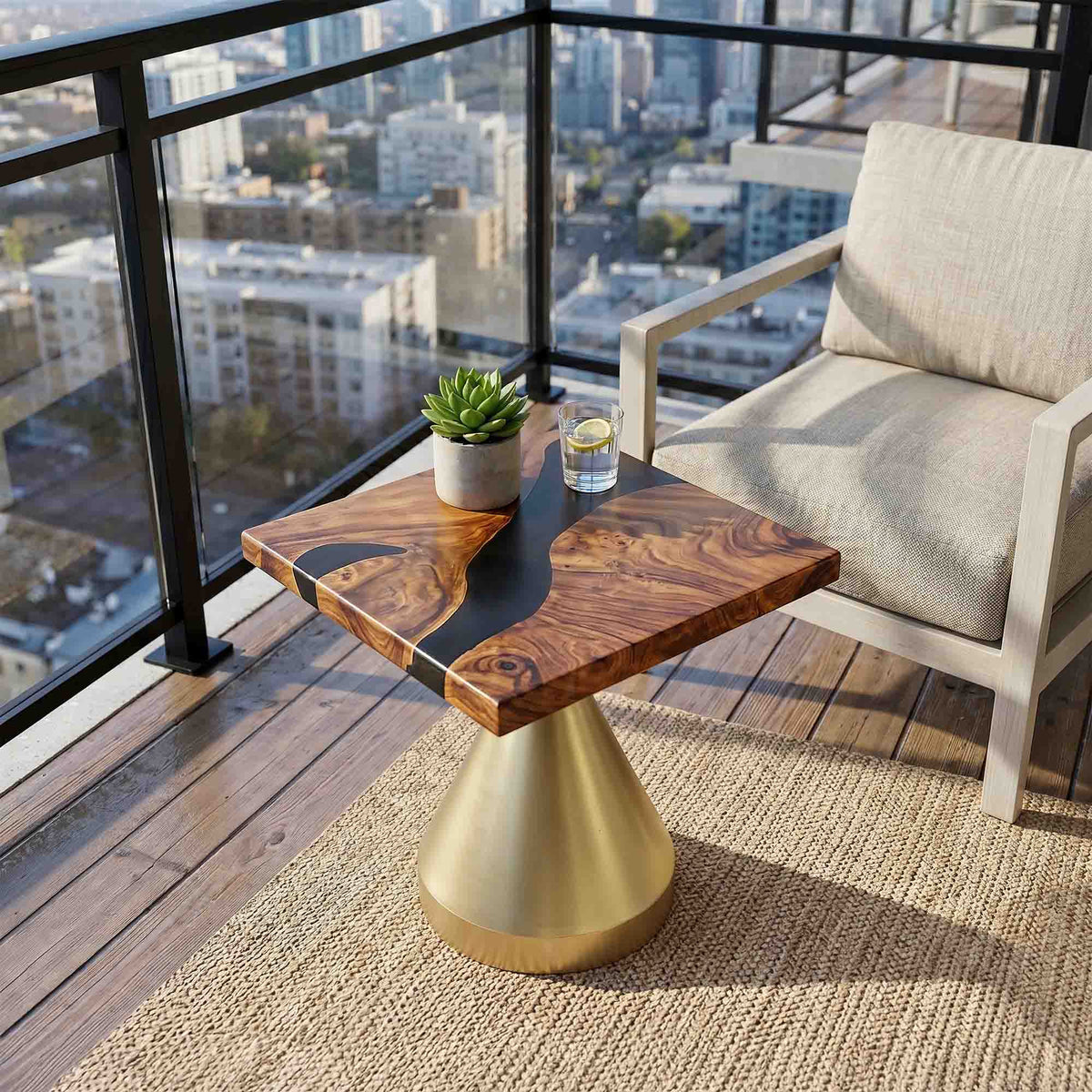Coffee with Flux Gold 16" H Metal Table Base 12" D x 16" H / Square Epoxy 19" Diameter - TB-16H12D-PLGXEP-SSQ19
