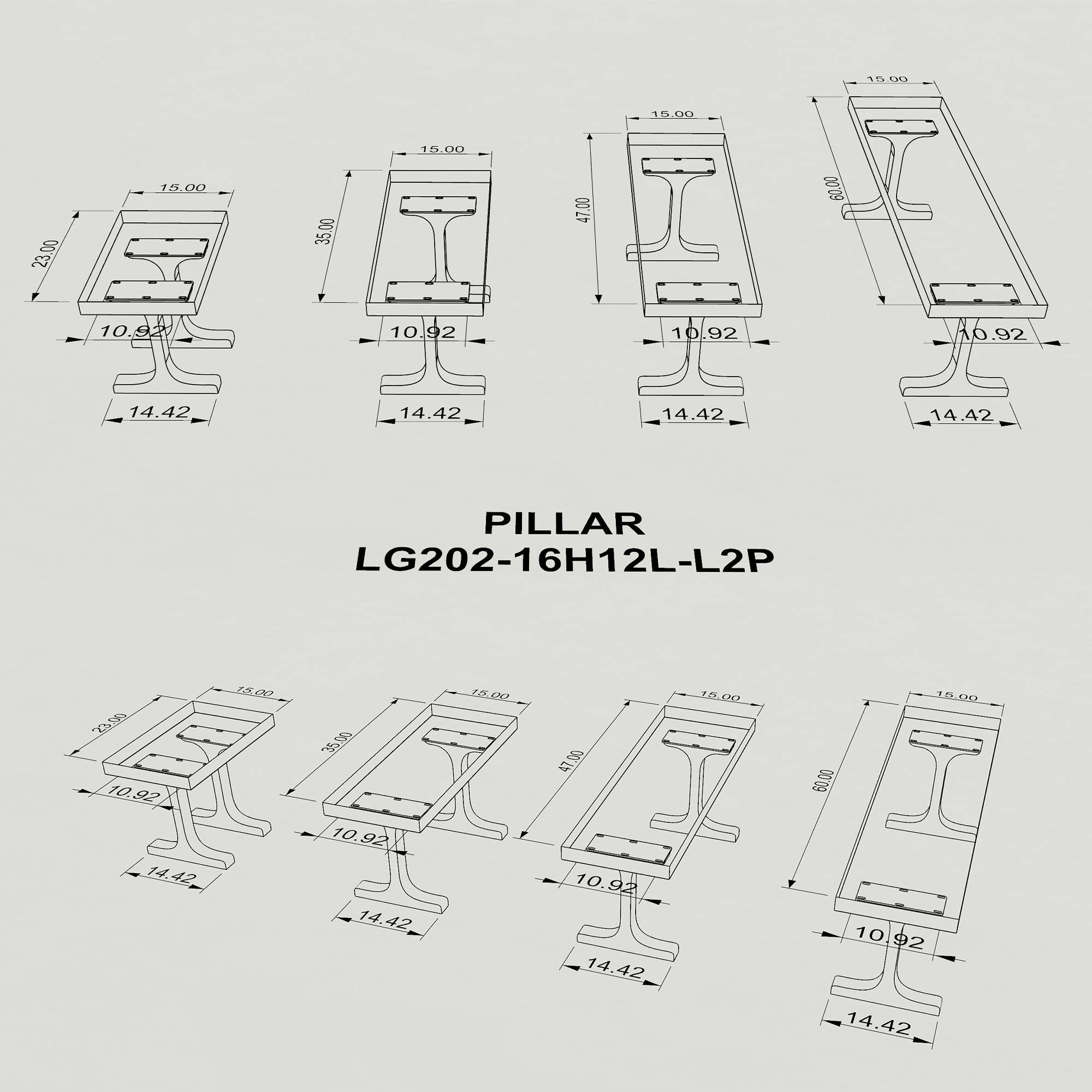 Bench 23" - 60" for Contemporary Living and Patio Seating 202 Pillar - 3D Drawings