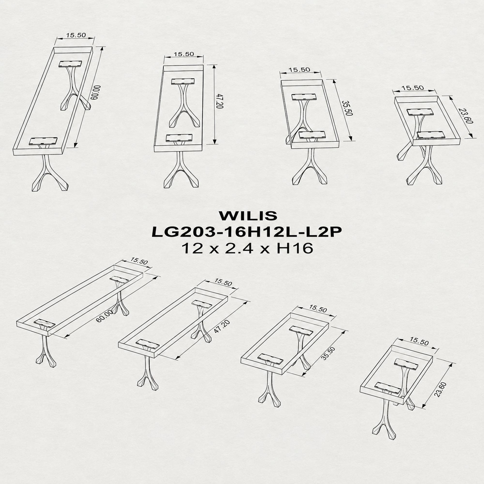 Bench 23" - 60" with MCM Steel Legs for Entryway & Hallway 203 Wilis - 3D Drawing