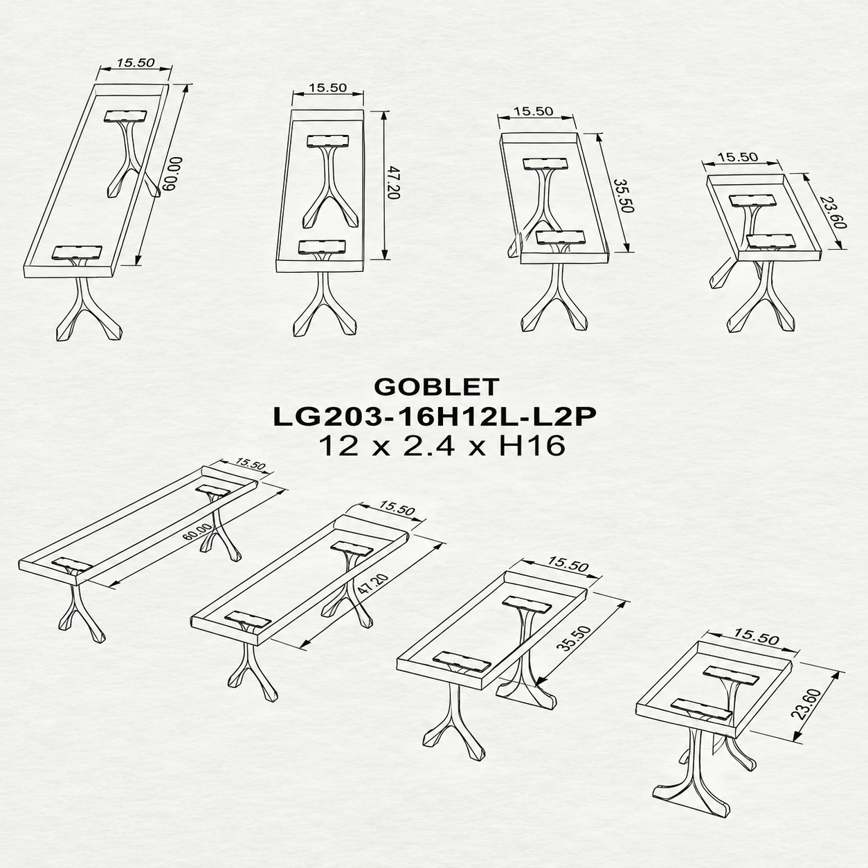 Bench 23" - 60" with Steel Legs for Bedroom & End of Bed - 204 Goblet - 3D Drawing