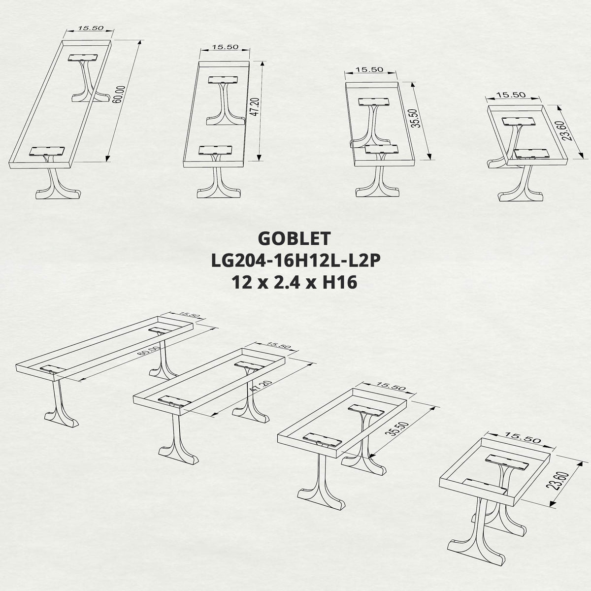 Bench 23" - 60" with Steel Legs for Bedroom & End of Bed - 204 Goblet - 3D Drawings