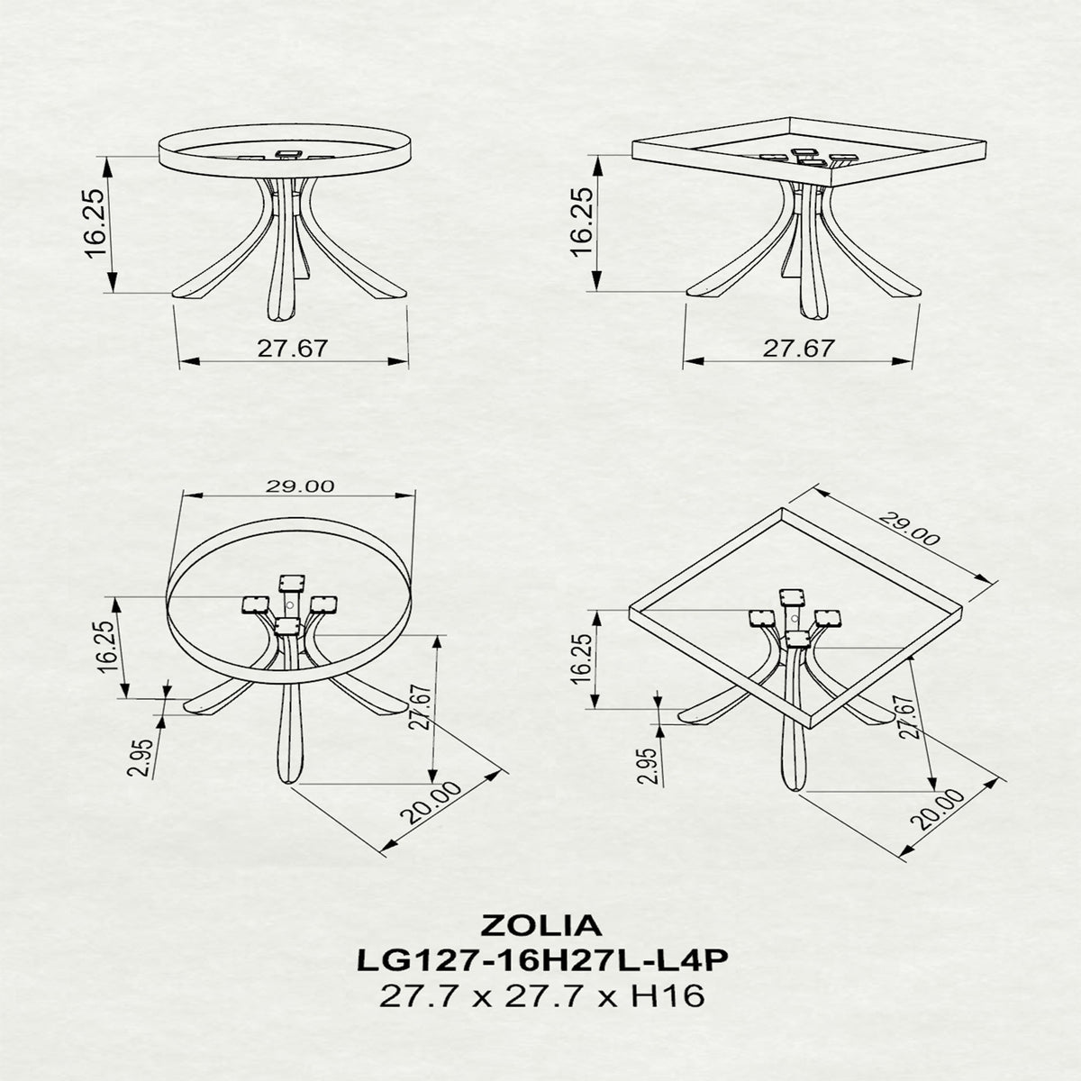Coffee Table 29" Round & Square for Modern Living Rooms - 127 Zolia - 3D Drawings