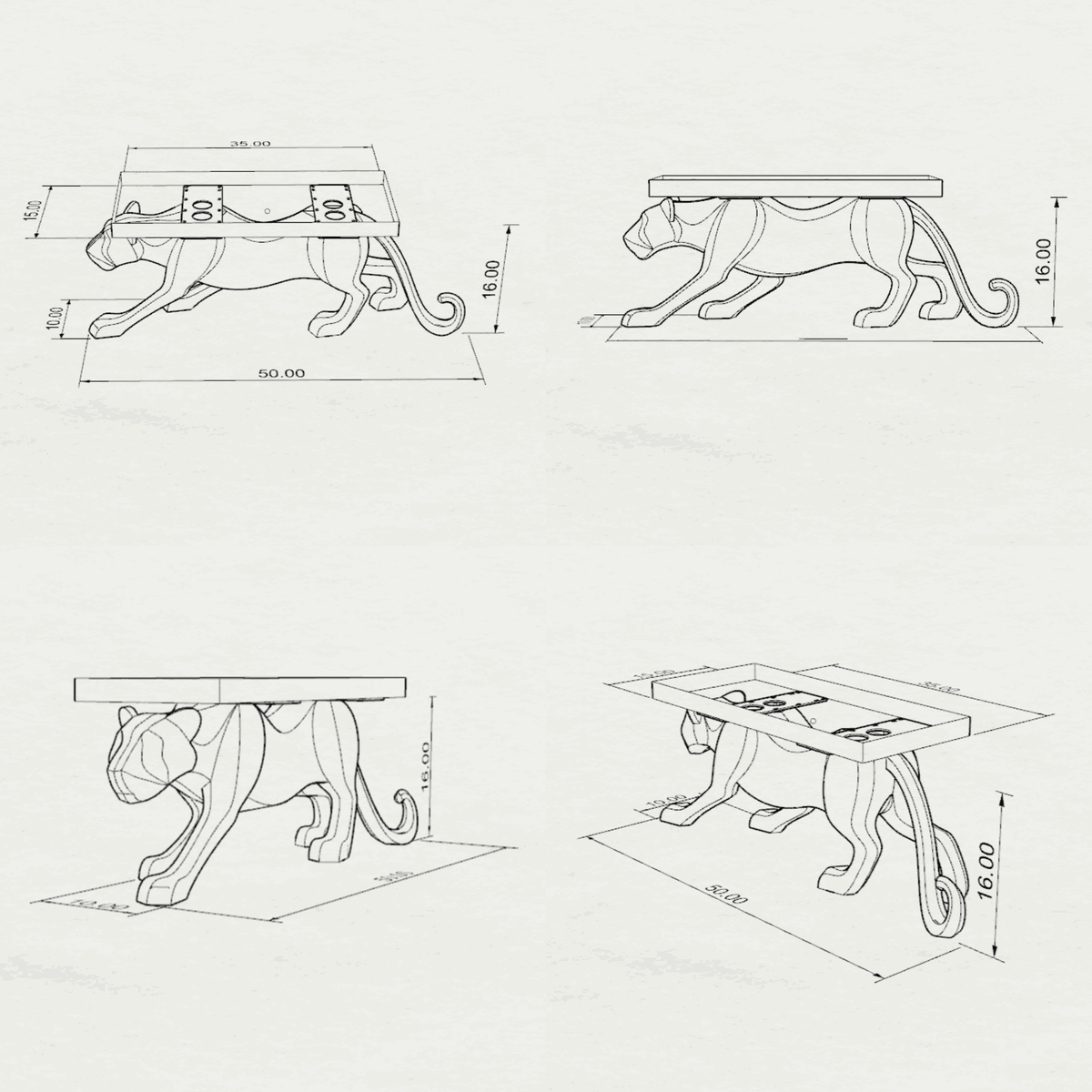 Coffee Table 35" with Panther Base for Bold Living Room - 703S Panthera - 3D Drawings