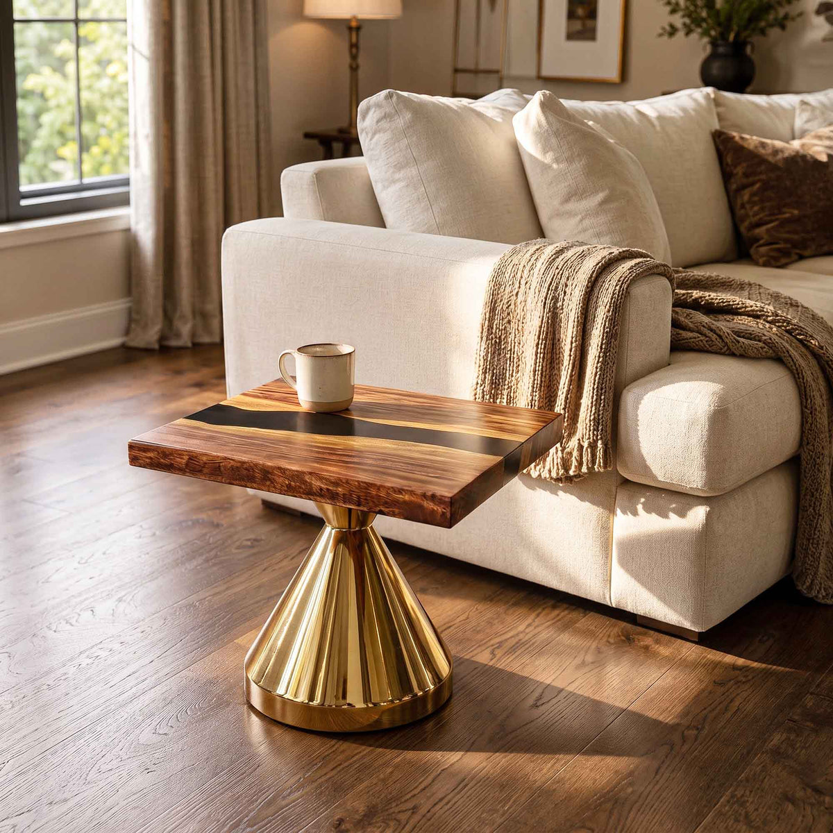 Coffee Table with Flux Gold 13.5"D x 16" H (Small Size) Handcrafted Steel Table Base - Thumb