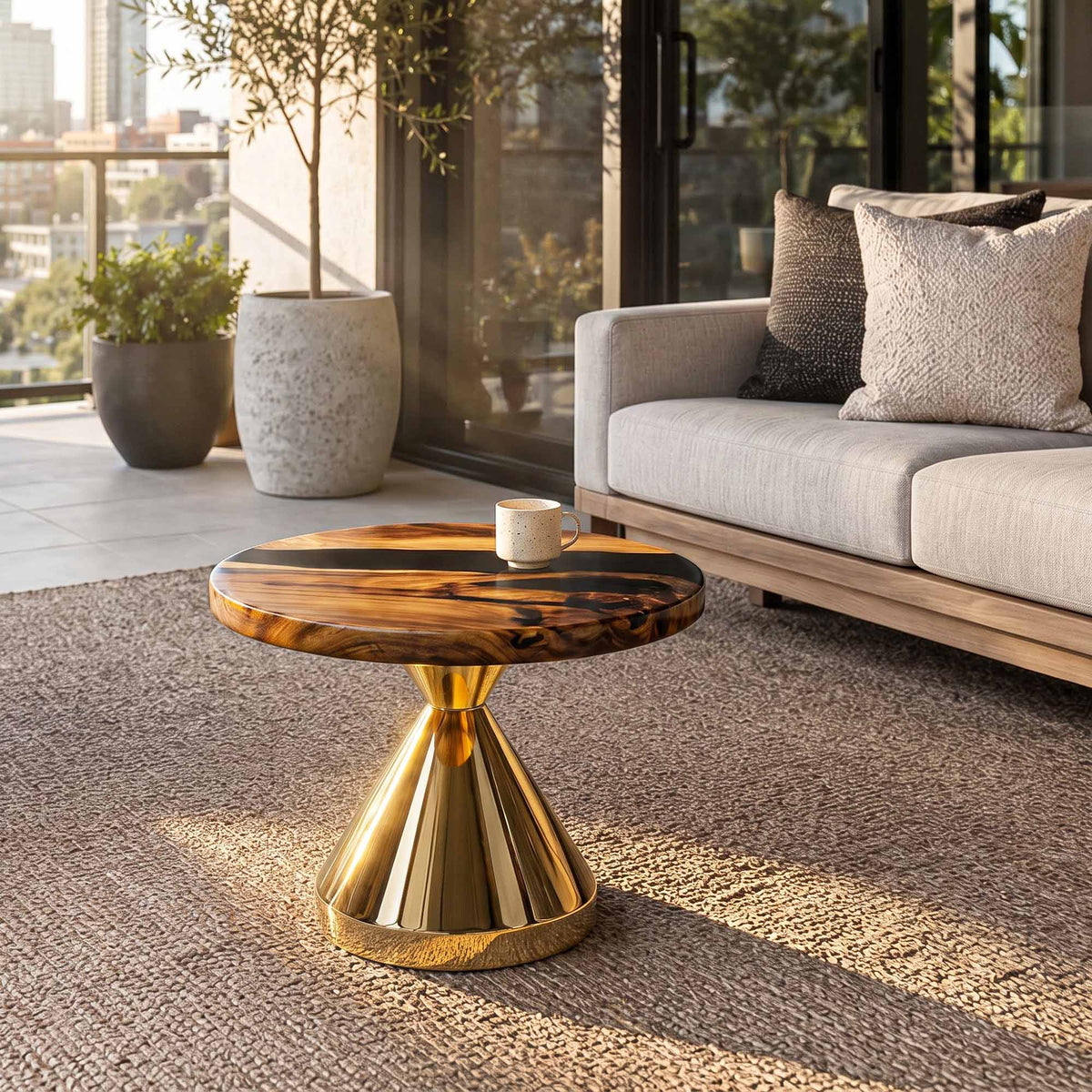 Coffee Table with Flux Gold 13.5"D x 16" H (Small Size) Handcrafted Steel Table Base - interior