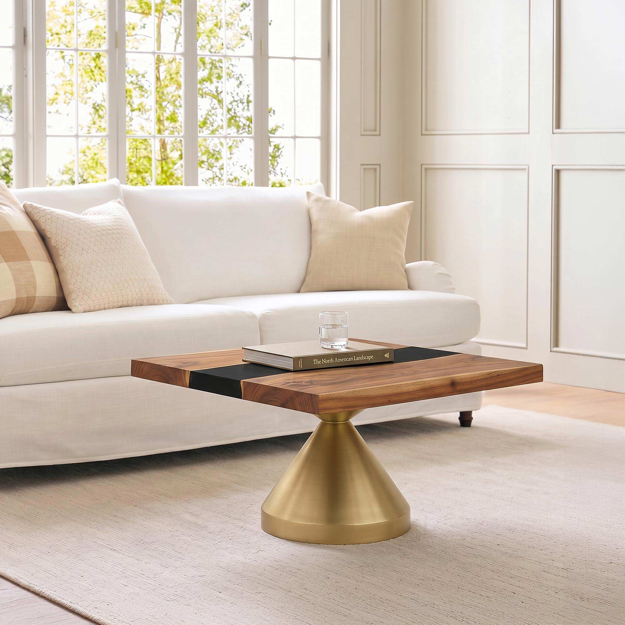 Coffee Table with Flux Gold 15"D x 16" H (Small Size) Handcrafted Steel Table Base - Round Epoxy 29" White Background