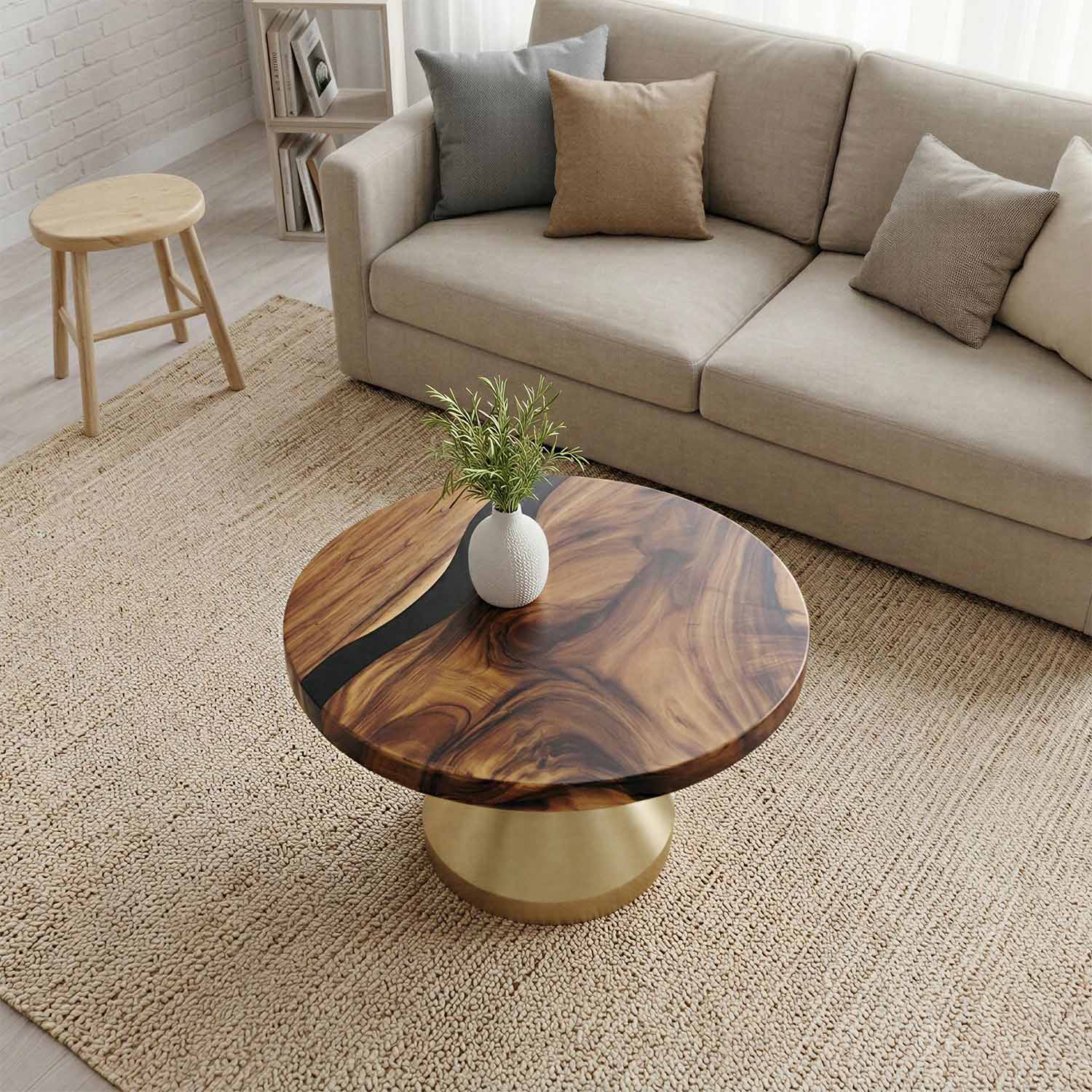 Coffee Table with Flux Gold 15"D x 16" H (Small Size) Handcrafted Steel Table Base - Interior