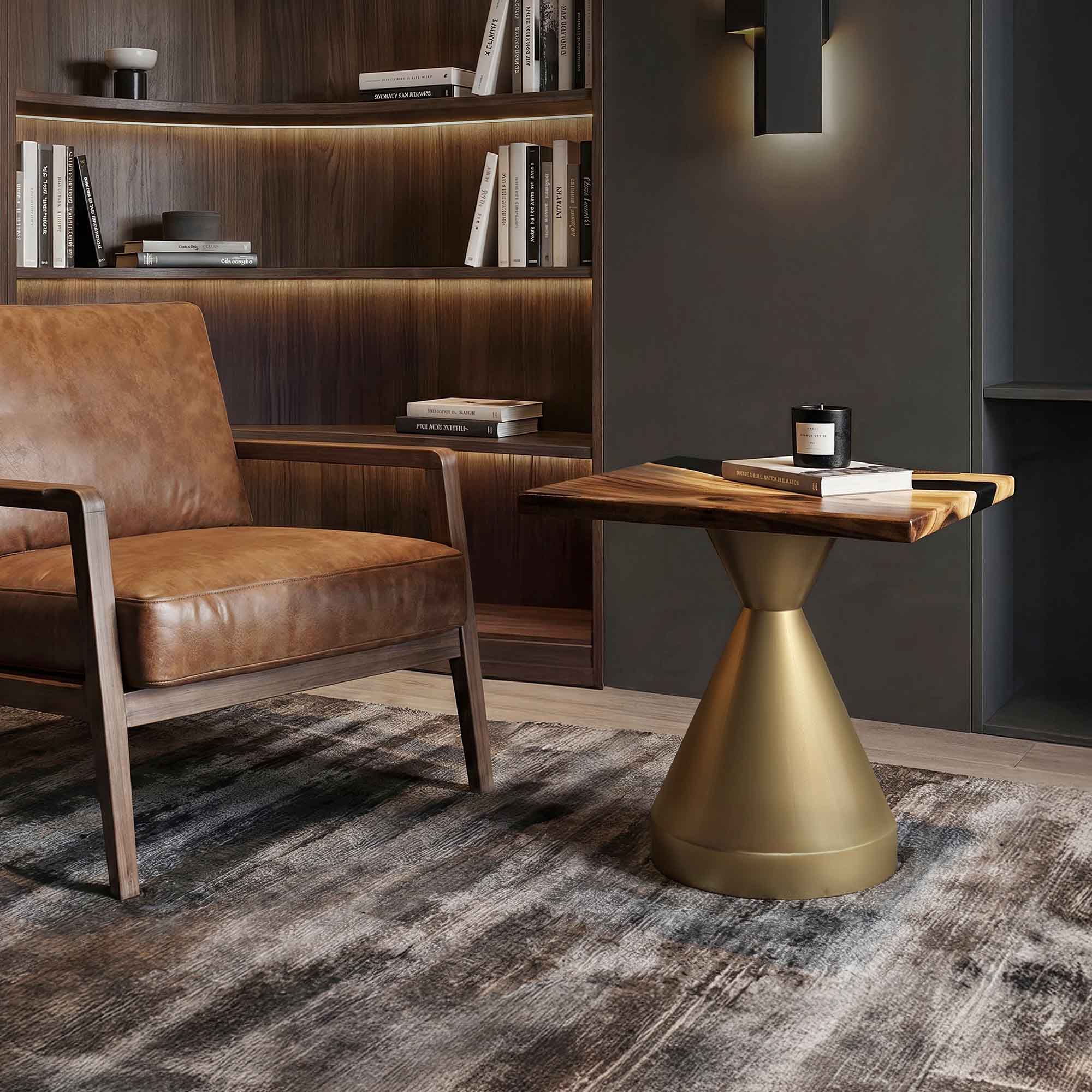 Coffee with Flux Gold 16" H Metal Table Base - brass 12" D x 16" H / Square Epoxy 19" Diameter - TB-16H12D-BRXEP-SSQ19