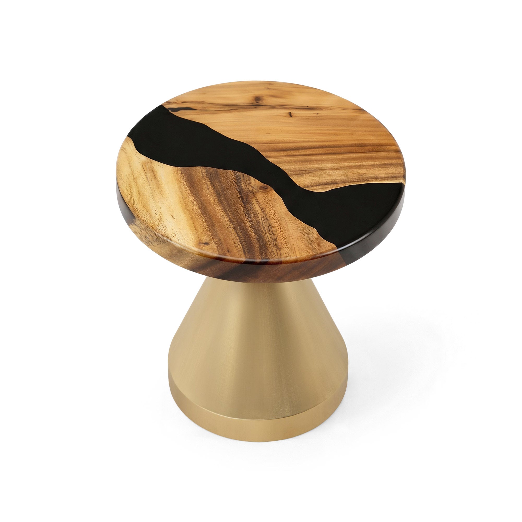Coffee with Flux Gold 16" H Metal Table Base - brushed 10" D x 16" H / Round Epoxy 15" Diameter - TB-16H10D-BRXEP-SRU15