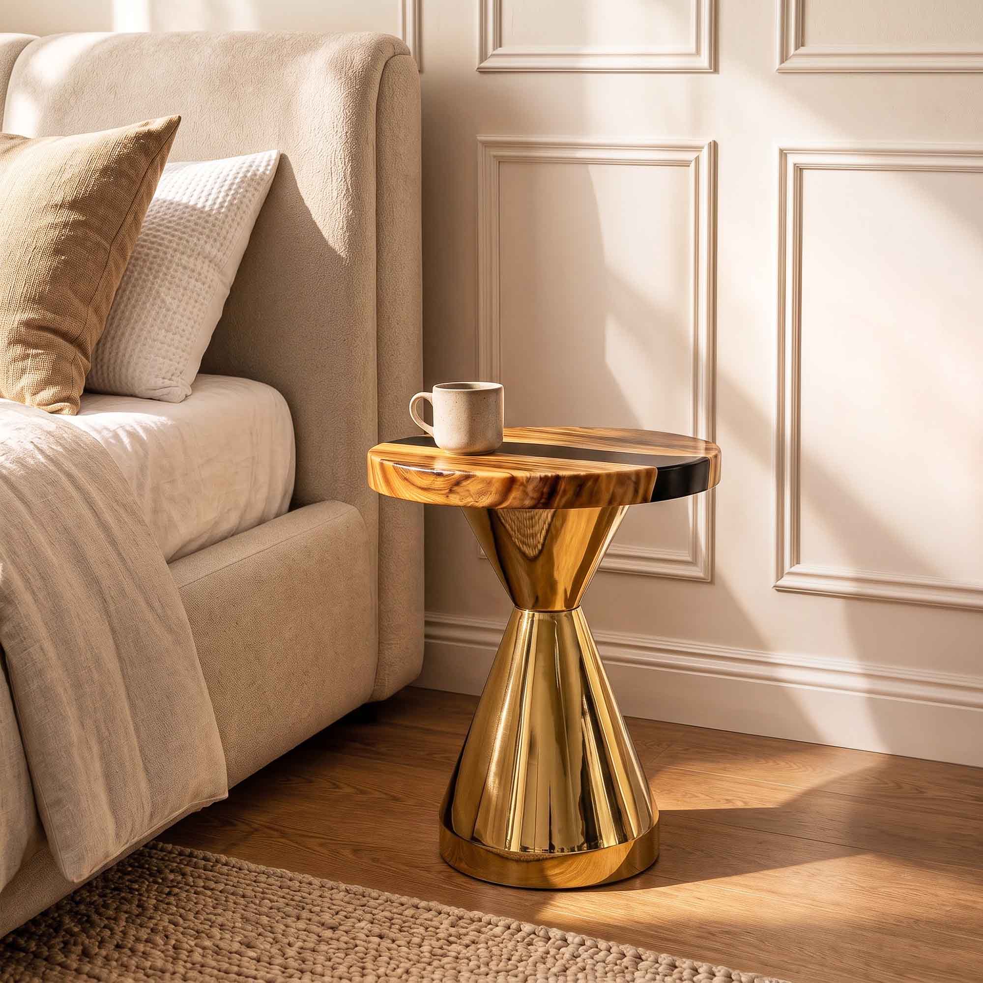 Coffee with Flux Gold 16" H Metal Table Base - polished 10" D x 16" H / Round Epoxy 15" Diameter - TB-16H10D-PLGXEP-SRU15