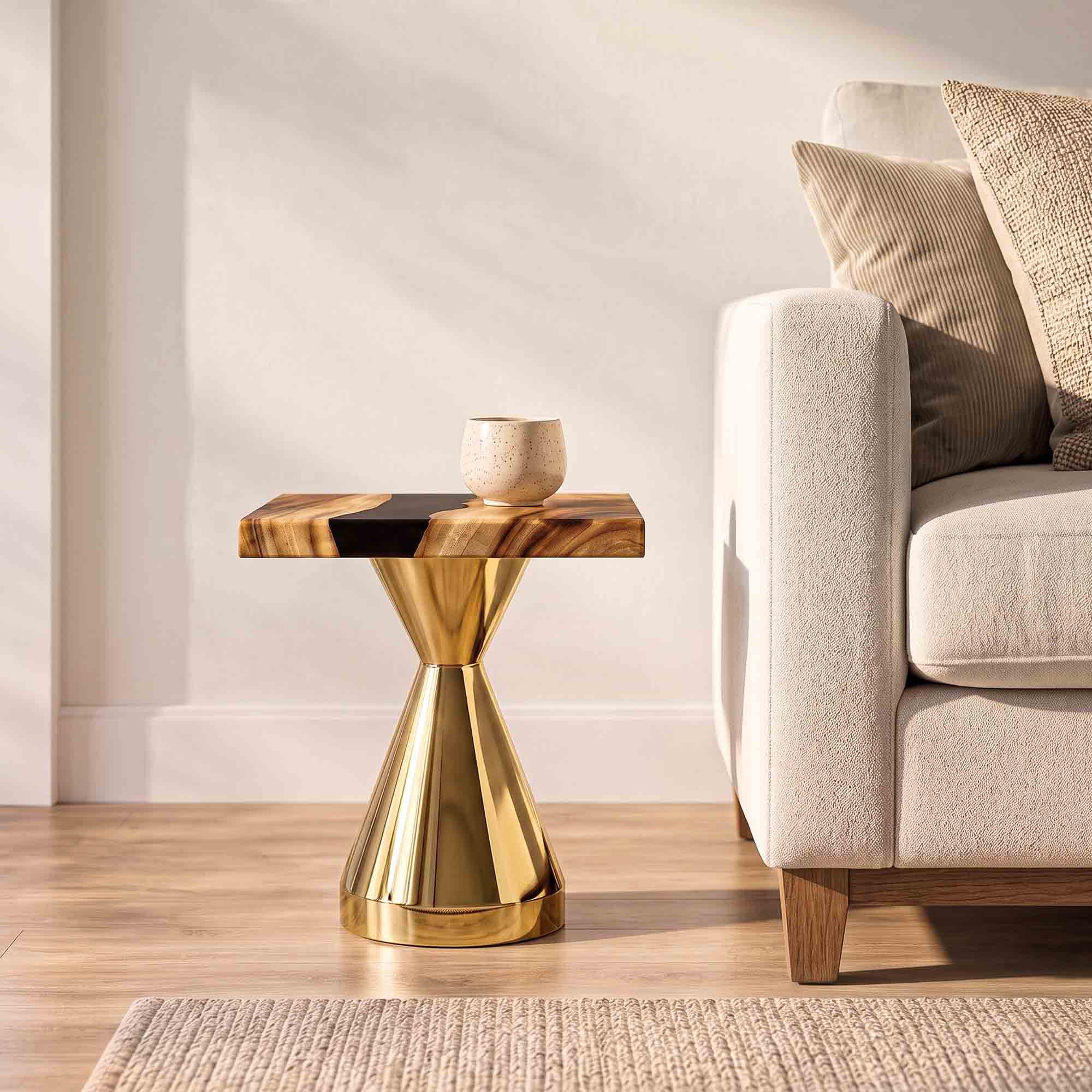 Coffee with Flux Gold 16" H Metal Table Base - polished 10" D x 16" H / Square Epoxy 15" Diameter - TB-16H10D-PLGXEP-SSQ15
