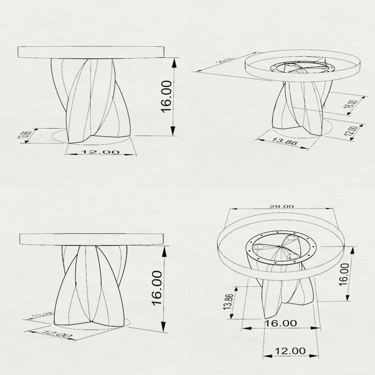 Contemporary Coffee Table 29" Round & Square with Petal Steel Base - 110 Calix - SSQ29 3D Drawings