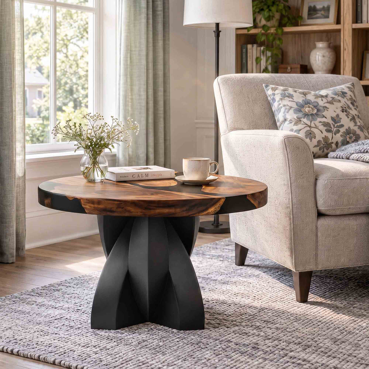 Contemporary Coffee Table 29" Round & Square with Petal Steel Base - 110 Calix -  SRU29 Thumb