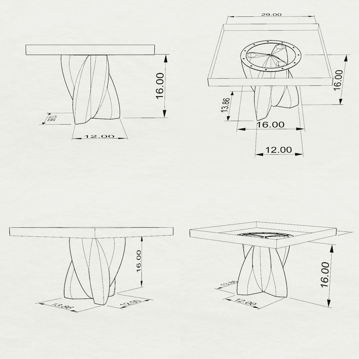 Contemporary Coffee Table 29" Round & Square with Petal Steel Base - 110 Calix - SSQ29 3D Drawings