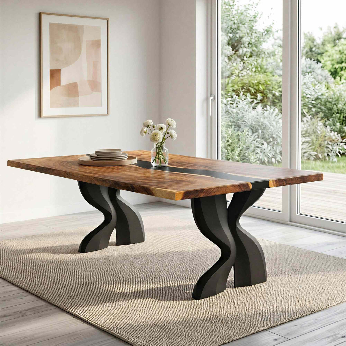 Dining Table with Delta 28.5" H Modern Metal Table Legs - epoxy tabletop interior 