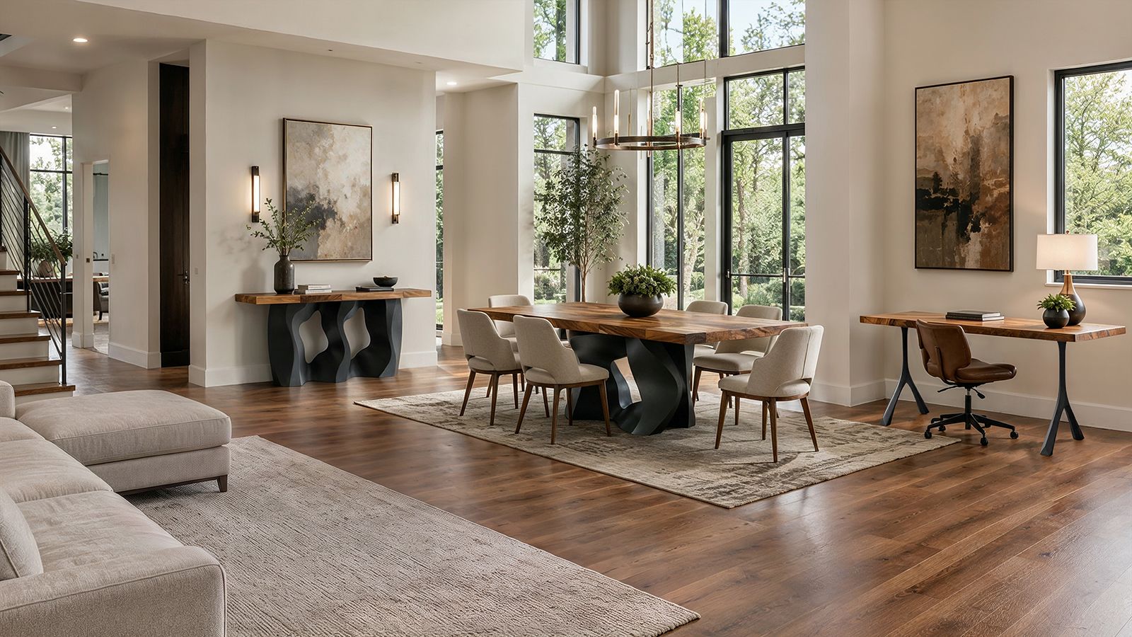 a modern, bright living room with lumber grand table