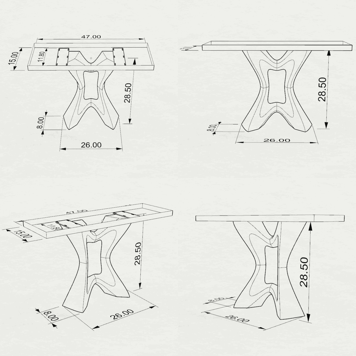 Narrow Console Table 47" or 60" Natural Wood for Hallways - 513 Tangen- 3D Drawings