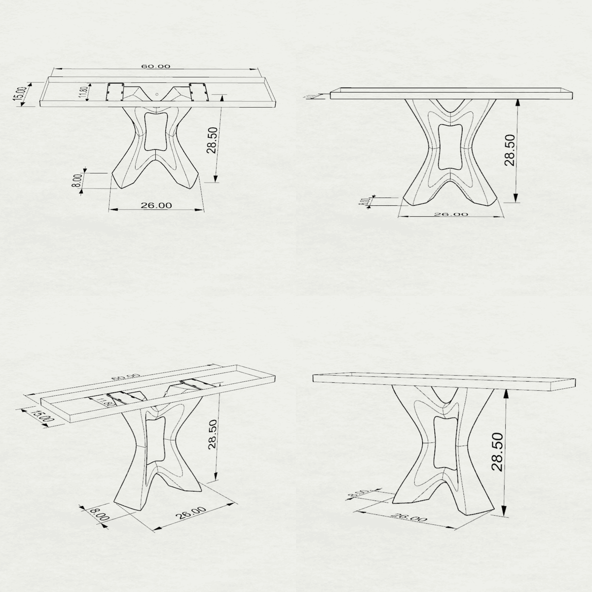 Narrow Console Table 47" or 60" Natural Wood for Hallways - 513 Tangen - NA-SRE60x15  3D Drawings