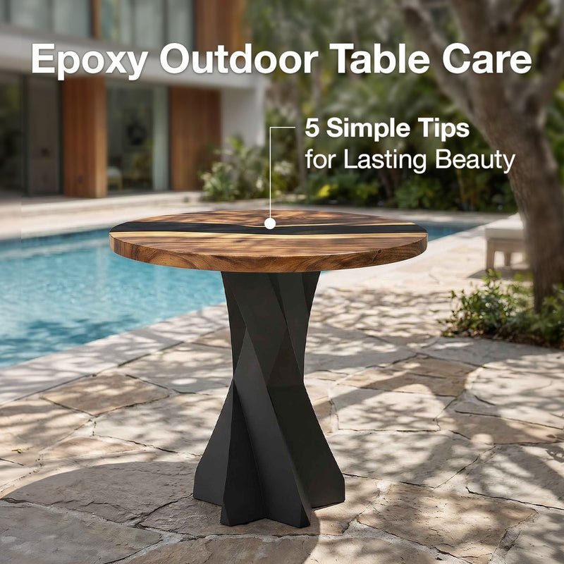 outdoor round table with a warm wood top and black twisted pedestal base