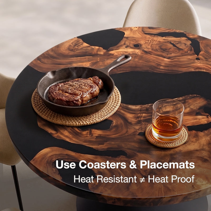 round live-edge wood dining table with a black top