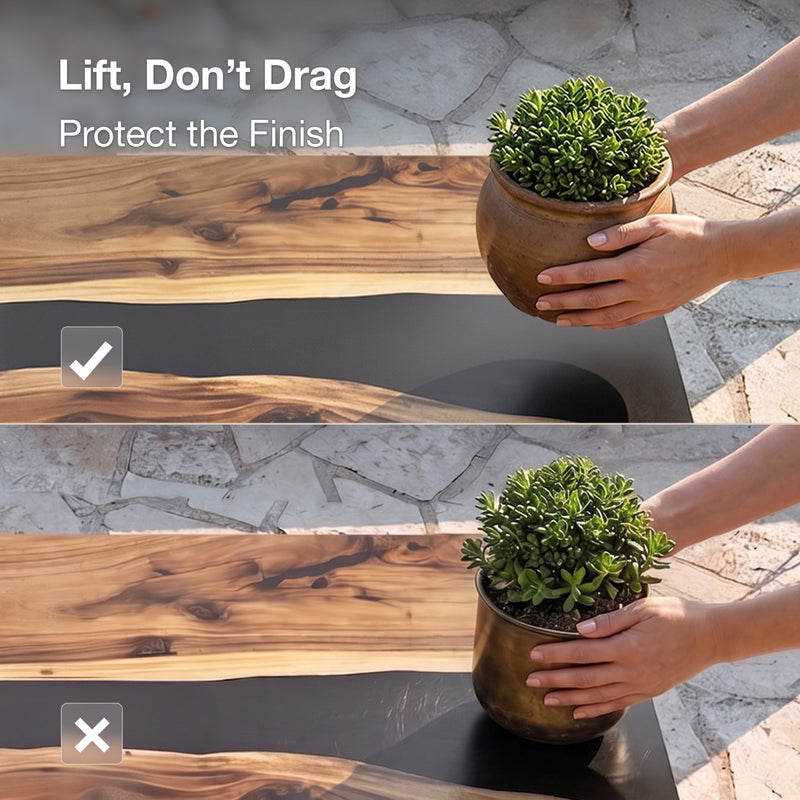 potted plant being lifted from a live-edge wooden table